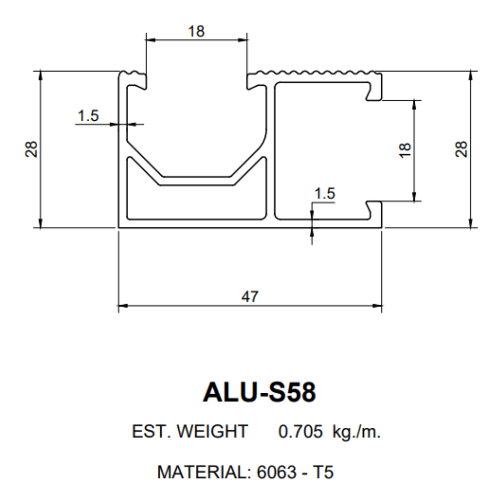 Mounting rail alus58 Technical diagram of aluminium profile